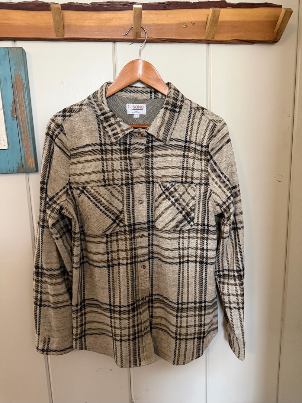 CI SONO Women’s XL Oversized Plaid Shacket Beige Brown Button Shirt Jacket